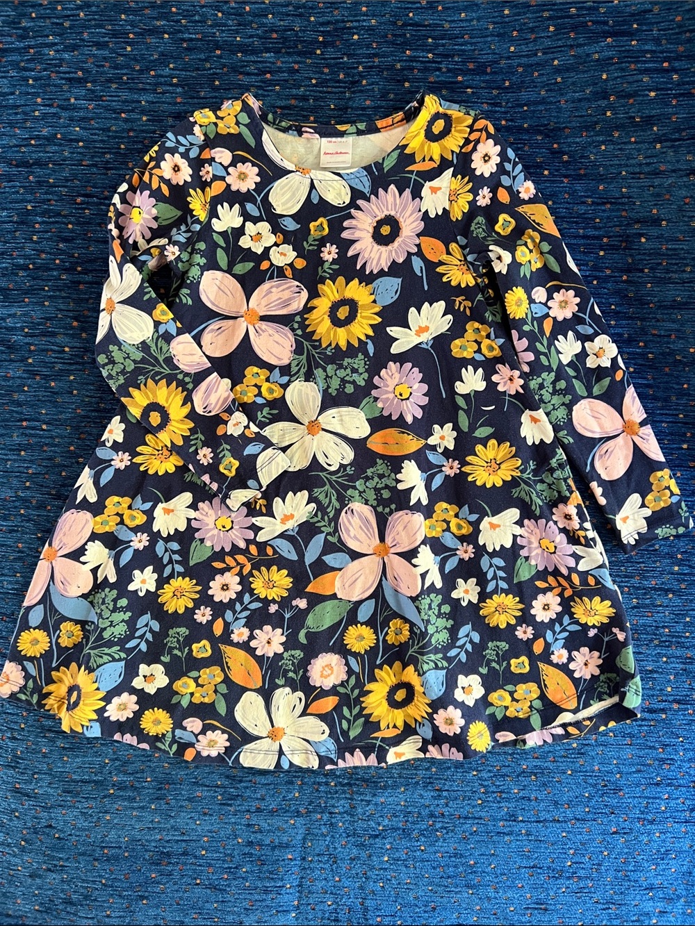 Hanna Andersson Navy Floral Swing Dress with Yellow & Pink Blooms size 6/7
